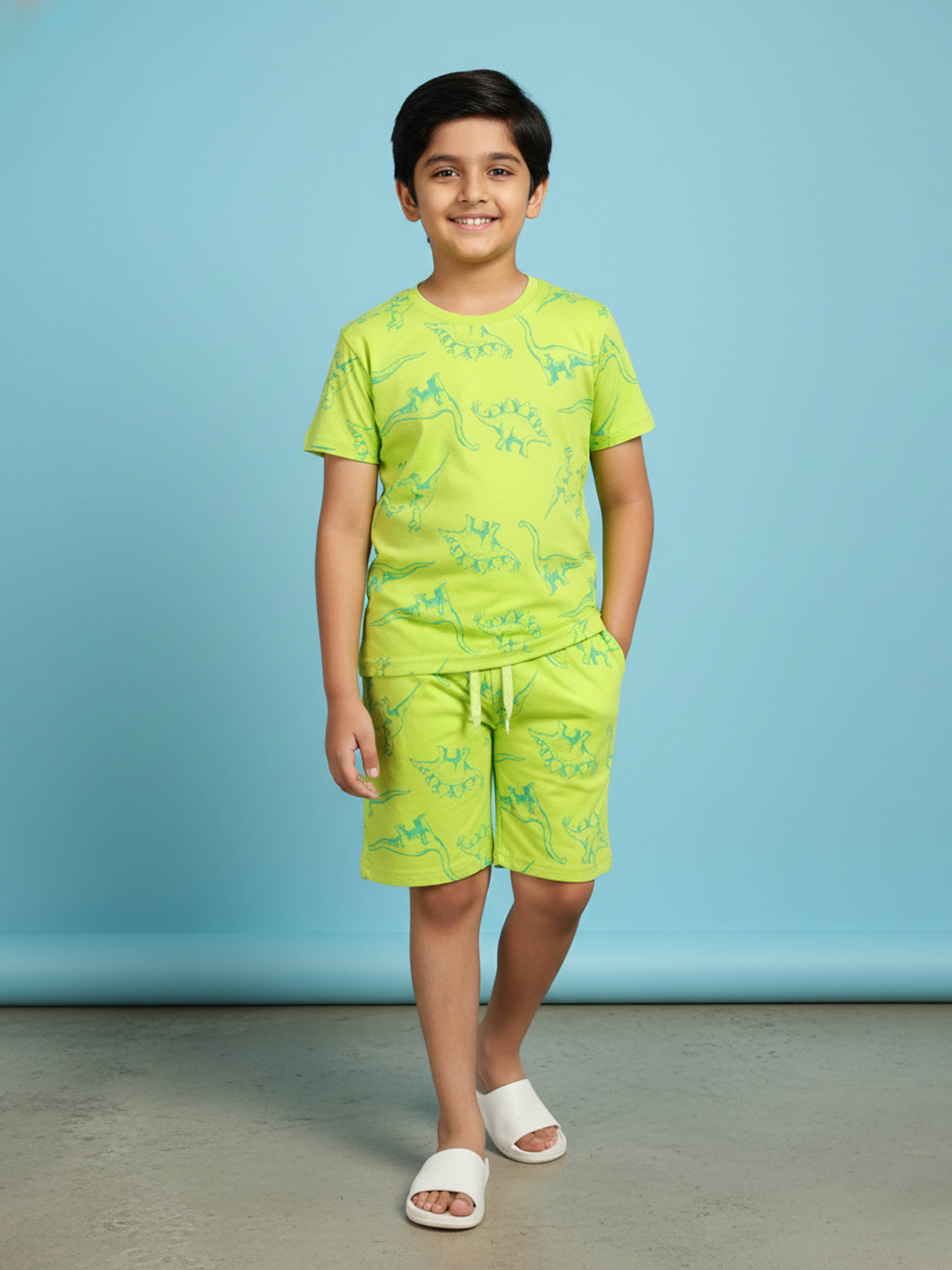 Kiddopanti Boys 100% Cotton AOP Prited Half Sleeve T-Shirt & Above Knee Length Shorts Co-Ord Set