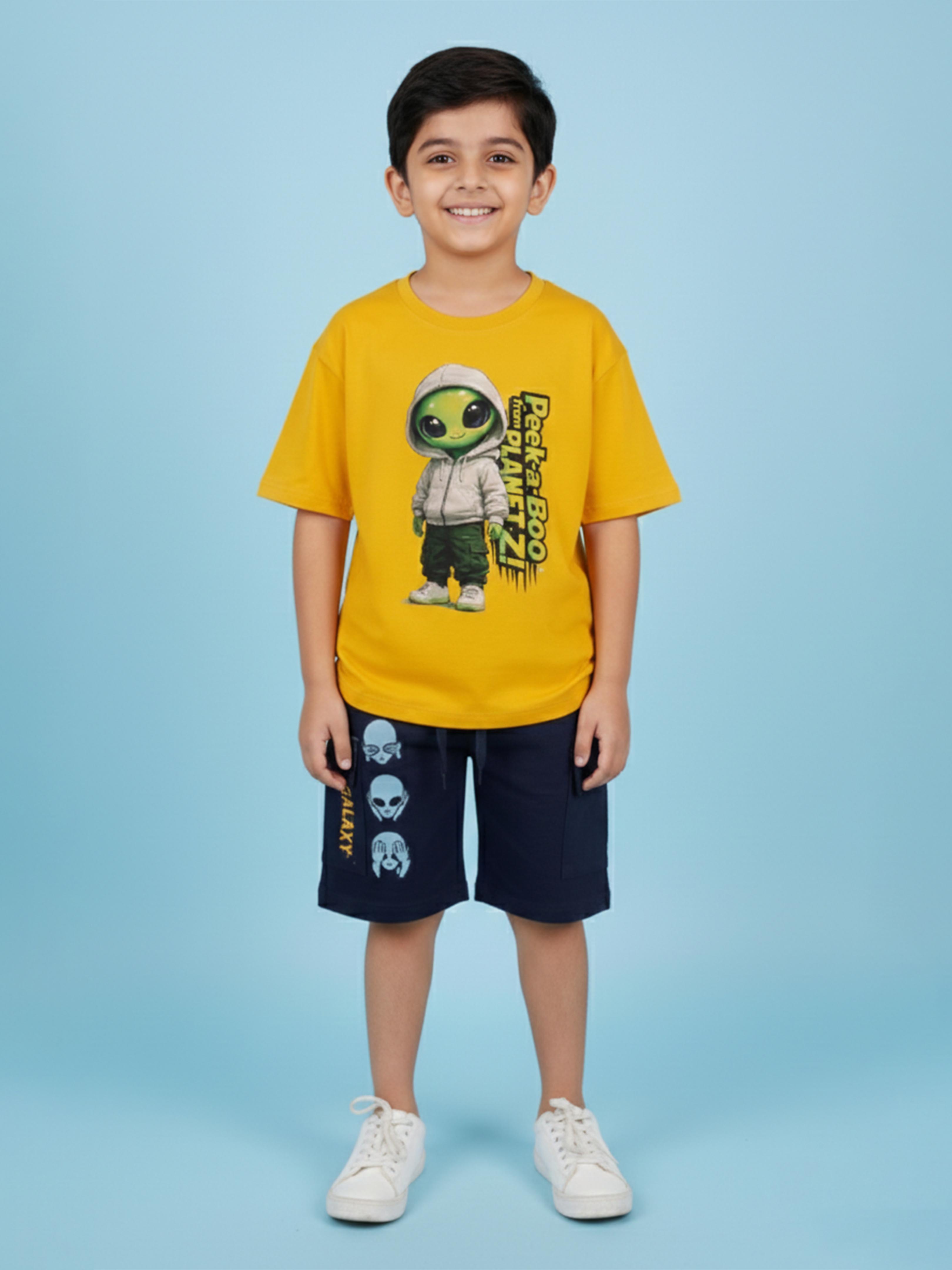 Kiddopanti Boys Cotton Printed Drop Shoulder Round Neck T-Shirt & Cargo Shorts With Badges and Prints Set