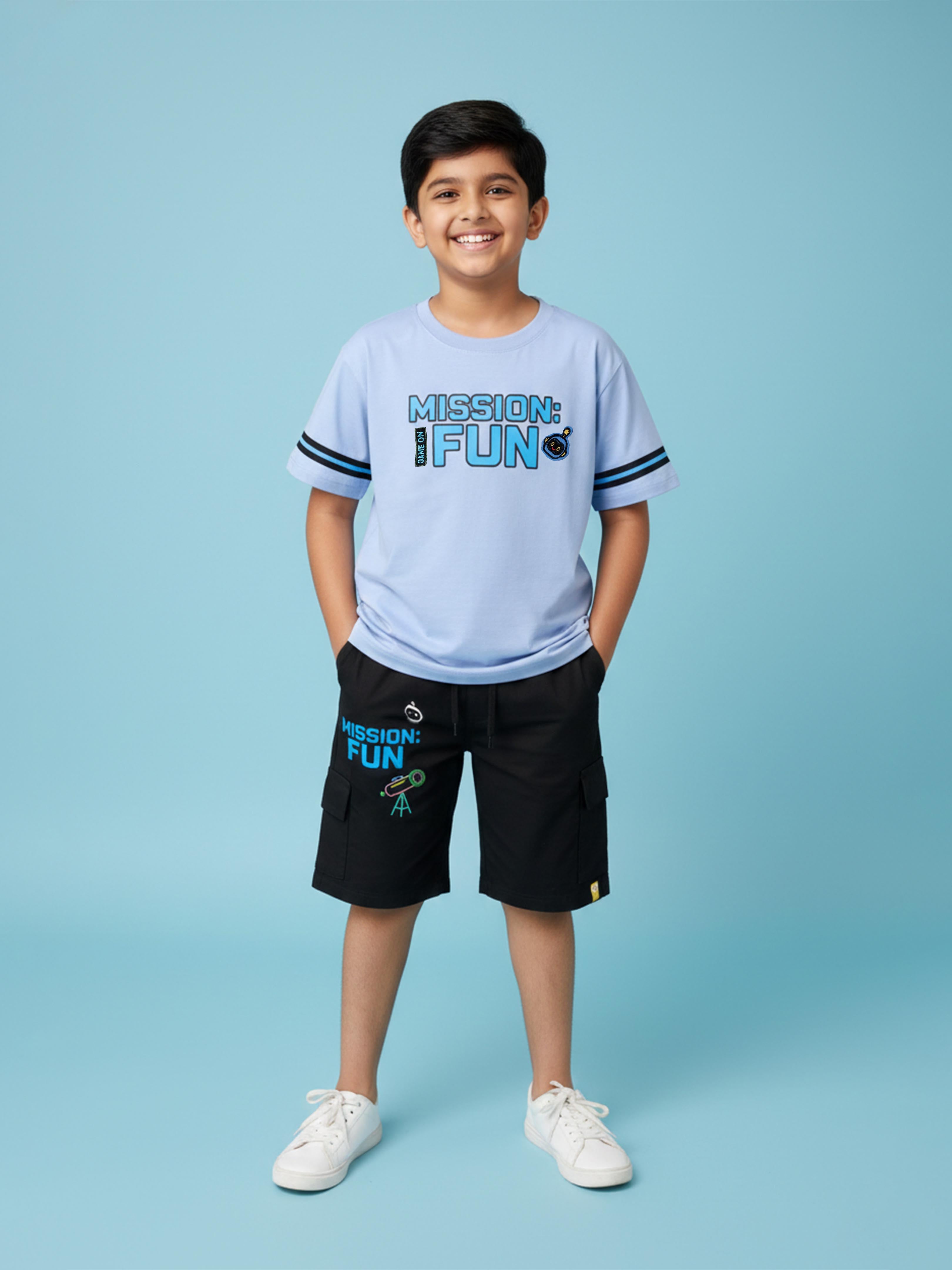 Kiddopanti Boys Cotton Printed Drop Shoulder Round Neck T-Shirt With Knee Length Printed Cargo Shorts Set