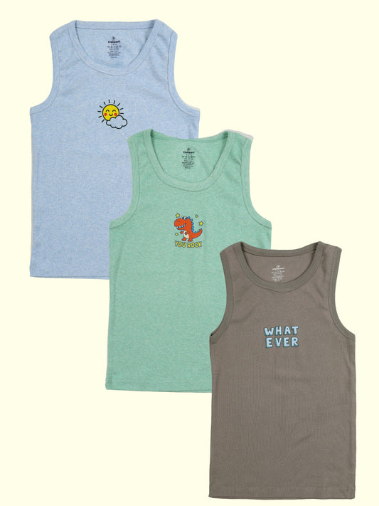 Kiddopanti Boys 100% Cotton Rib Printed Vests Pack Of 3