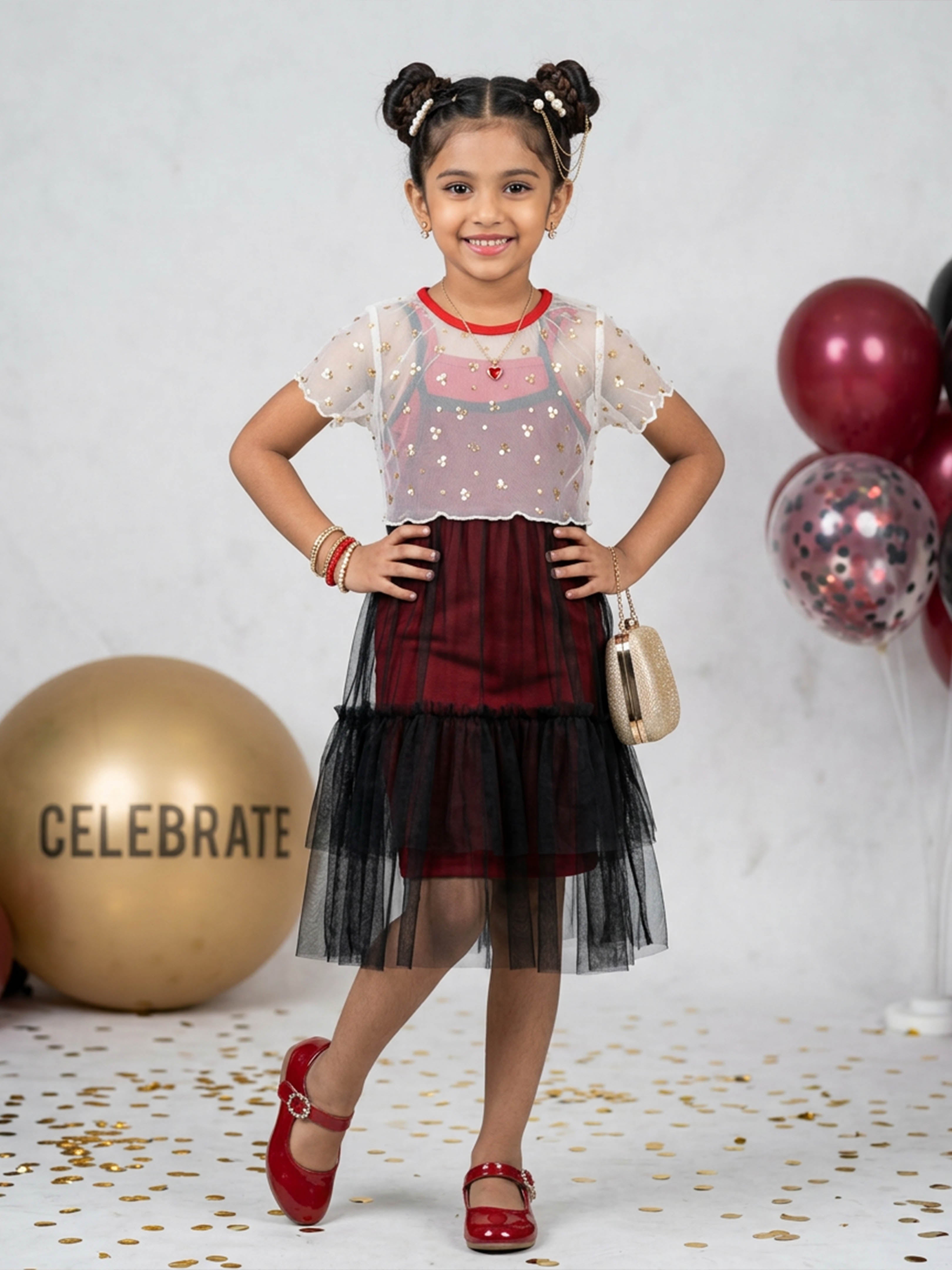 Kiddopanti Girls Printed Mesh Overlay Tulle Party Dress Set with Bodycon Inner