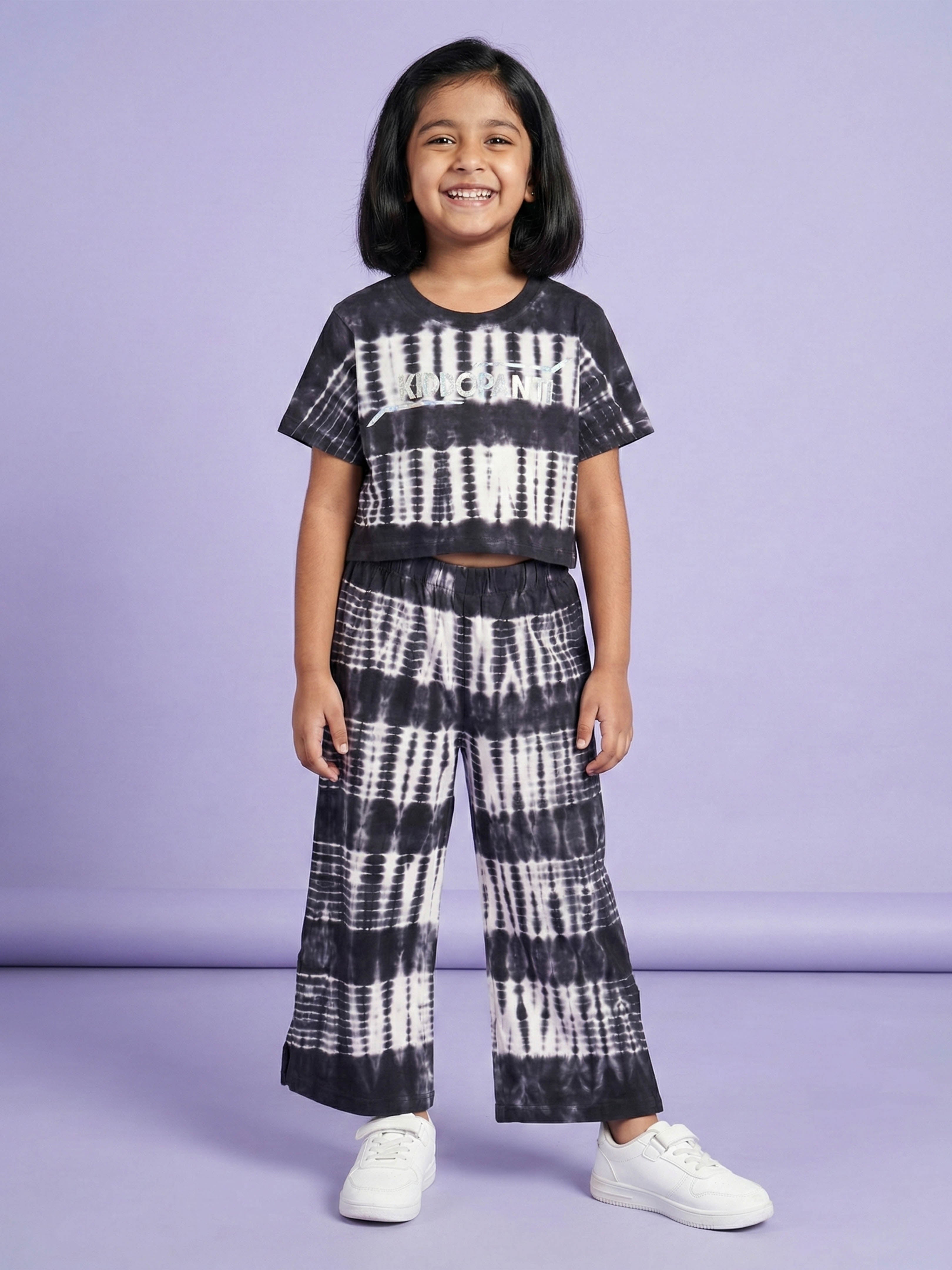 Kiddopanti Girls Cotton Knit Half Sleeves All Over Tie & Dye Crop Top With Slit Open Pant Co Ord set