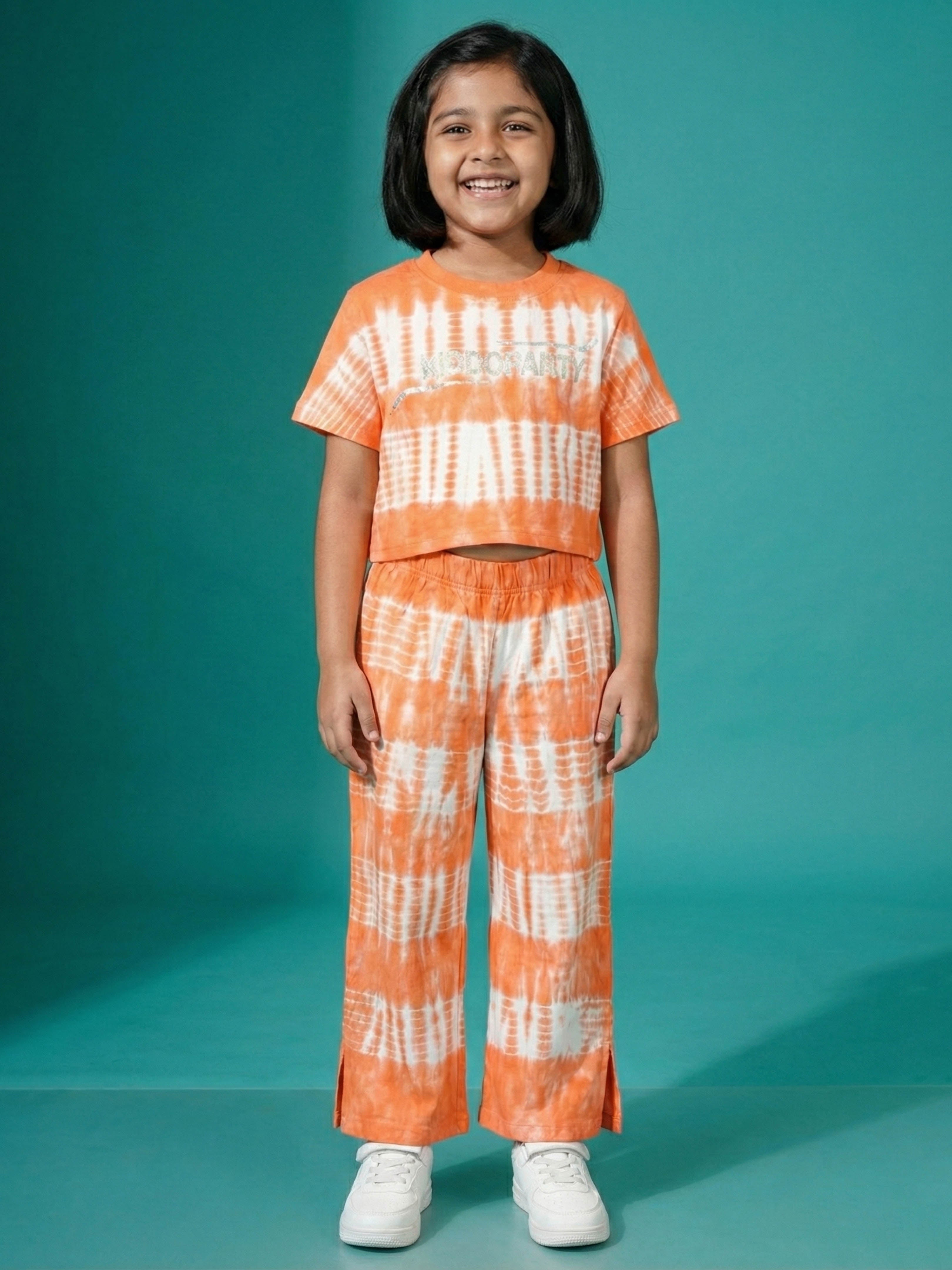 Kiddopanti Girls Cotton Knit Half Sleeves All Over Tie & Dye Crop Top With Slit Open Pant Co Ord set