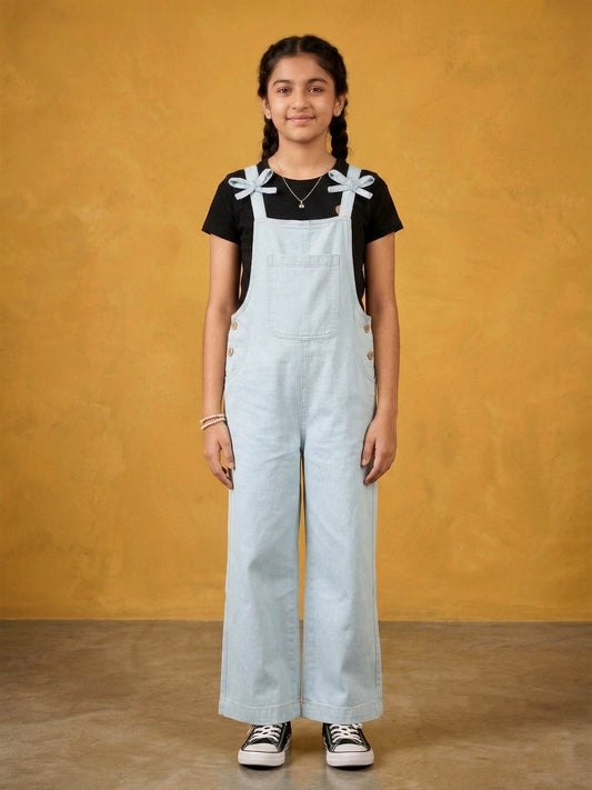 Kiddopanti Girls Denim Woven Sleeveless Bow Strap Solid Dungaree Pant