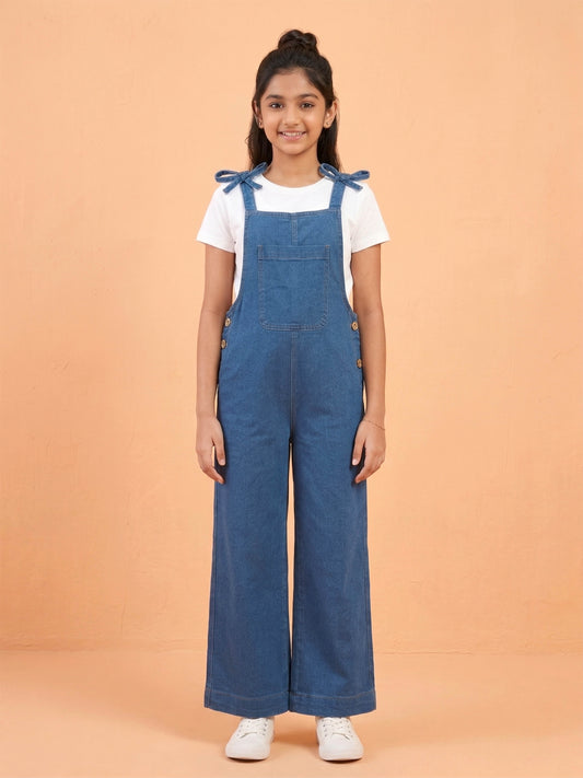 Kiddopanti Girls Denim Woven Sleeveless Bow Strap Solid Dungaree Pant