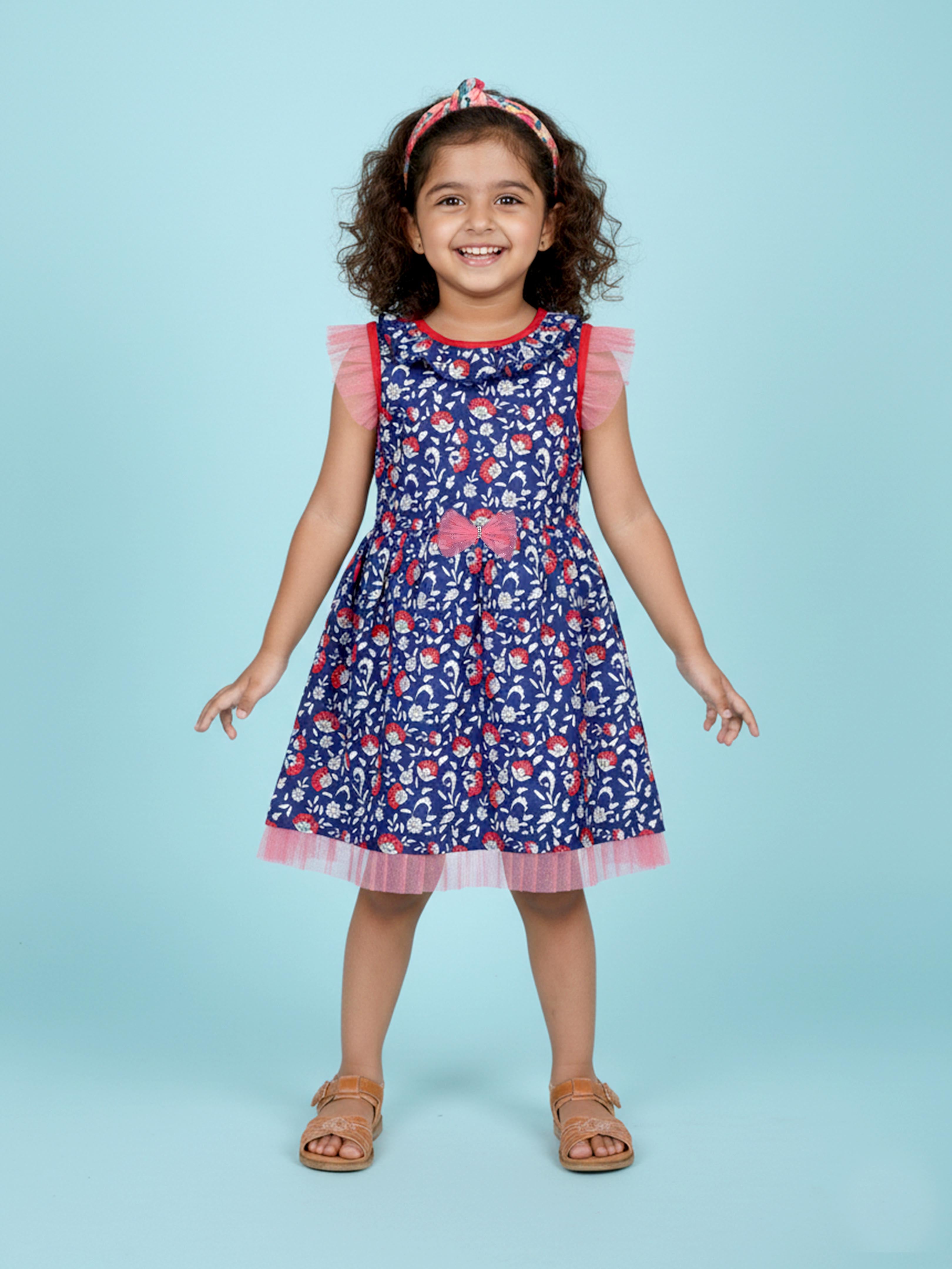 Kiddopanti Girls All Over Printed Sleeveless Dress With Neck frill & Net Frills