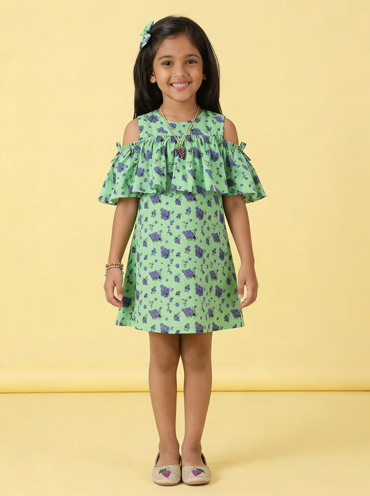 Kiddopanti Girls Cotton Woven Sleeveless Floral Printed Could Shoulder Dress