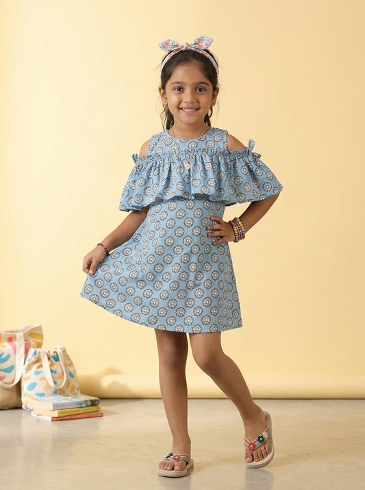Kiddopanti Girls Cotton Woven Sleeveless Floral Printed Could Shoulder Dress