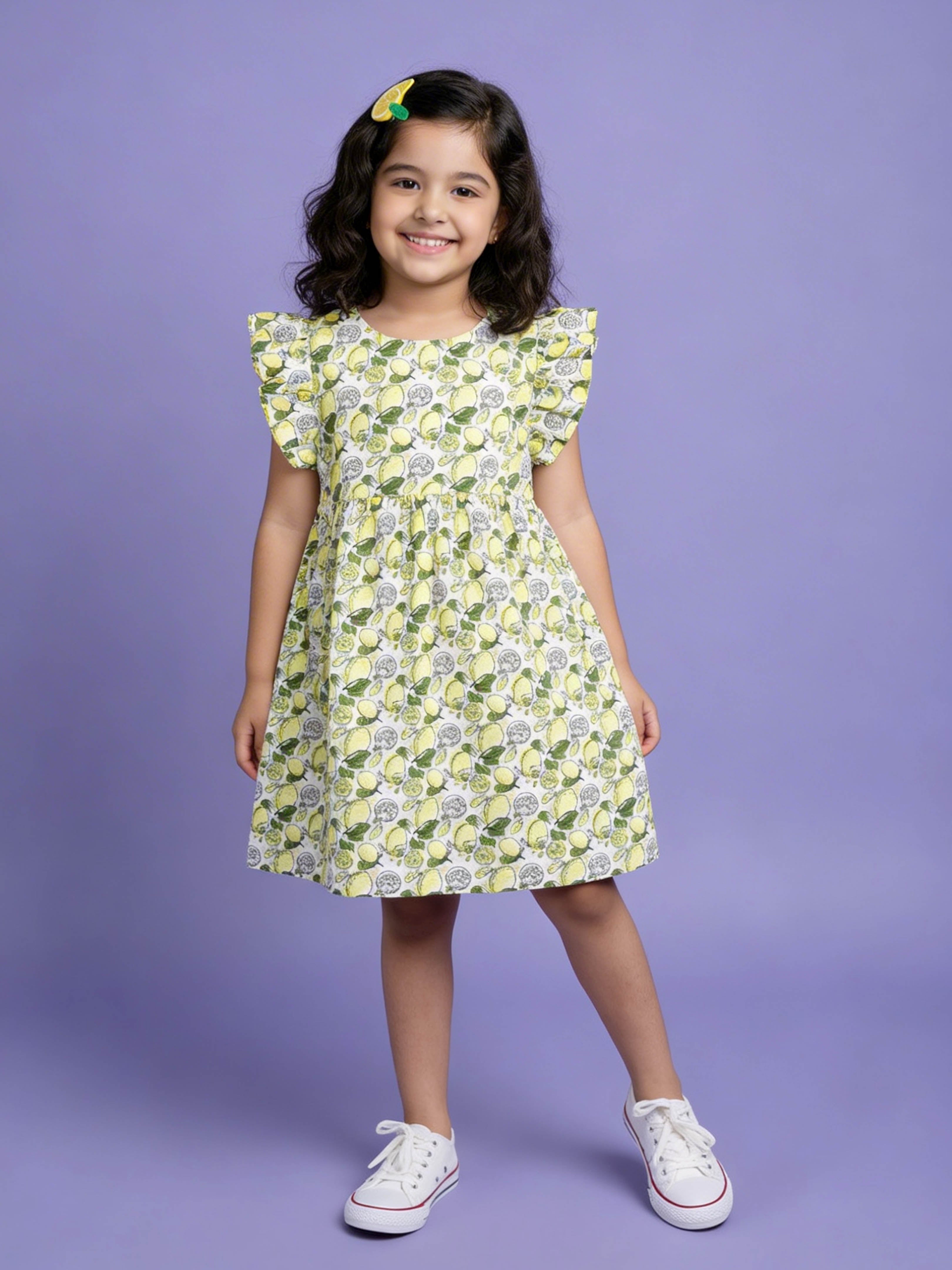 Kiddopanti Girls Cotton Woven Frill Sleeves Printed Yoke Dress