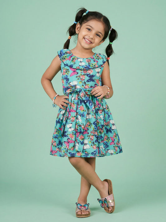 Kiddopanti Girls Polyester Woven Sleeveless Flower Printed Dress With Frilled Neck Line