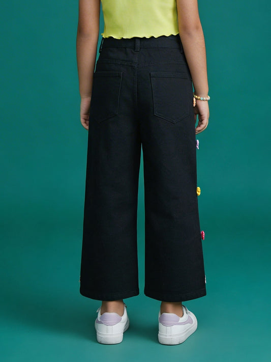 Kiddopanti Girls Denim Woven Solid Flared Jeans With Bow