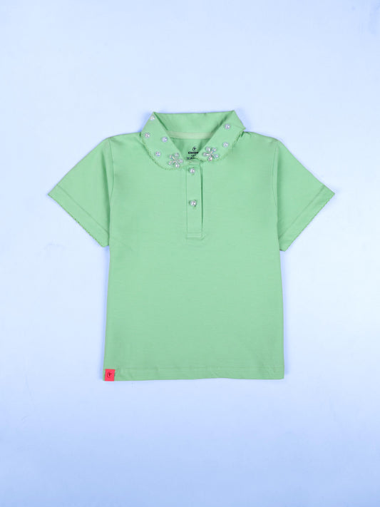 Girls Cotton Solid Crop Length Polo Tee With Picot Trim Collar With Pearls
