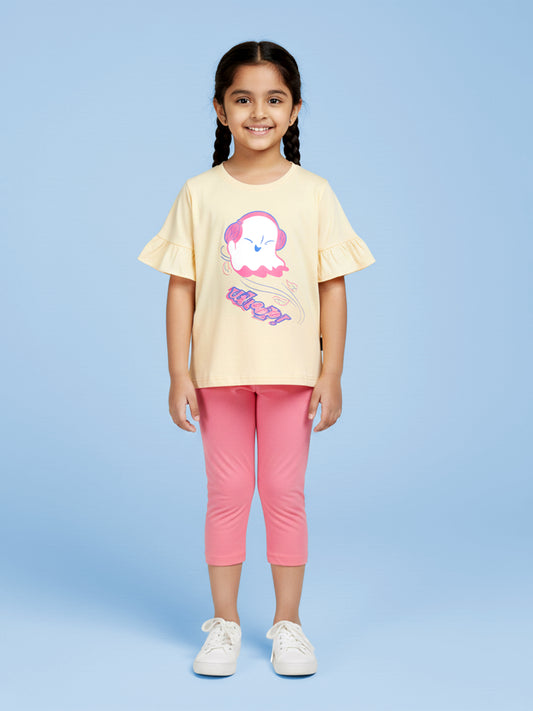 Kiddopanti Girls Cotton Frill Printed Top & Solid Capri Legging Co Ord Set