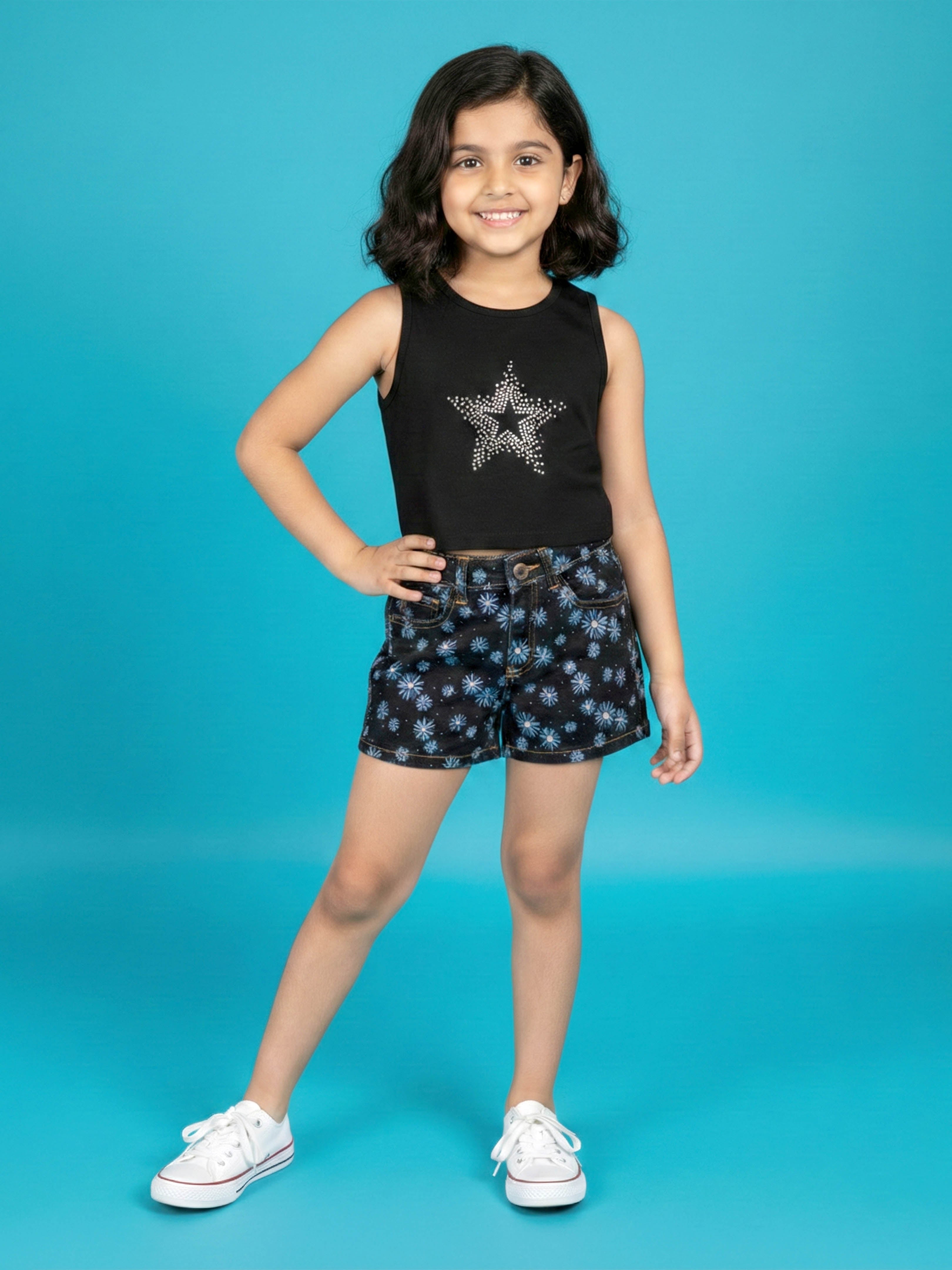 Kiddopanti Girls Cotton Spandex Sleeveless Stone Applique Racerback Rib Crop T-Shirt With Denim Shorts Co-Ord set