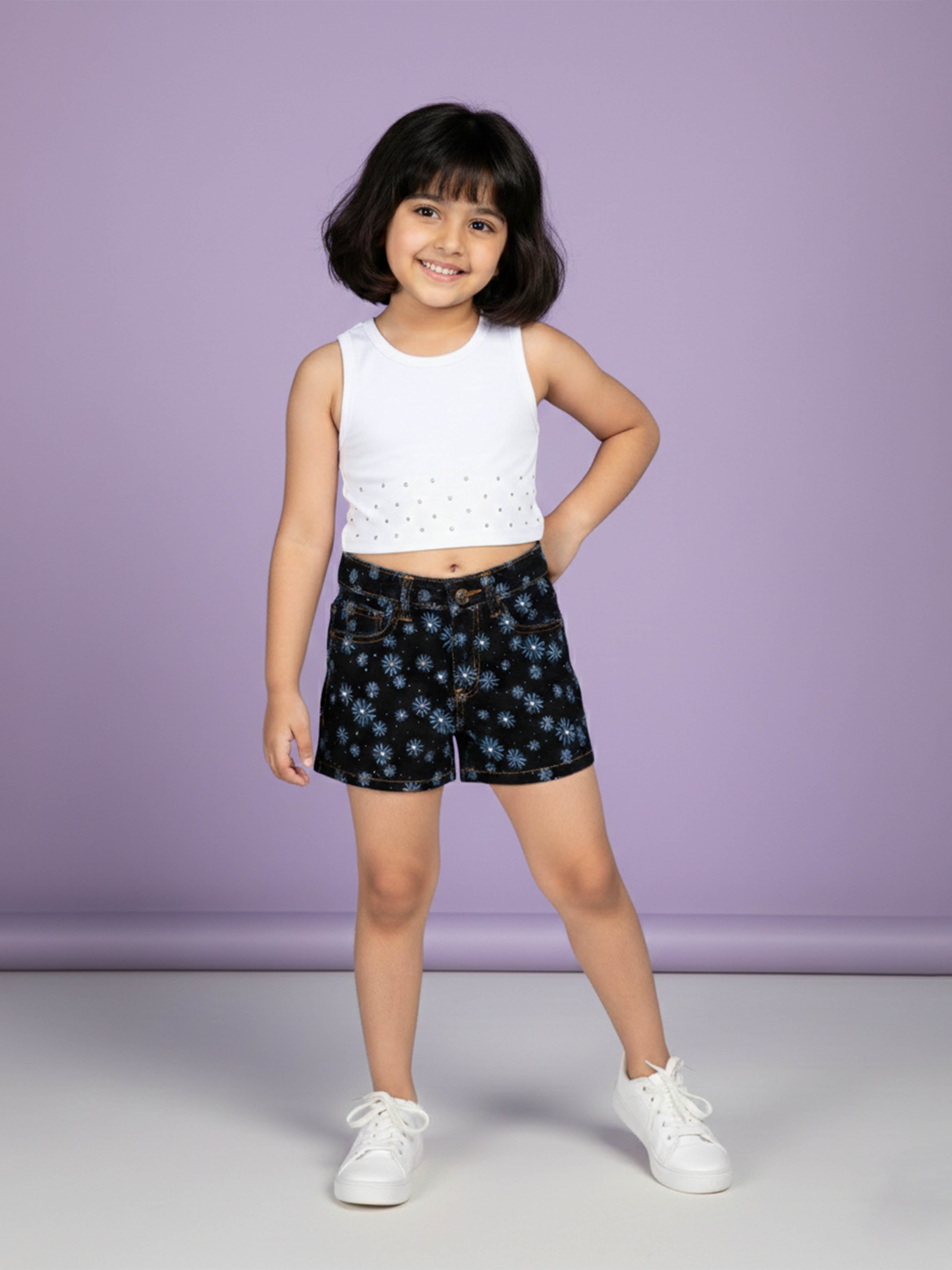 Kiddopanti Girls Cotton Spandex Sleeveless Stone Applique Racerback Rib Crop T-Shirt With Denim Shorts Co-Ord set