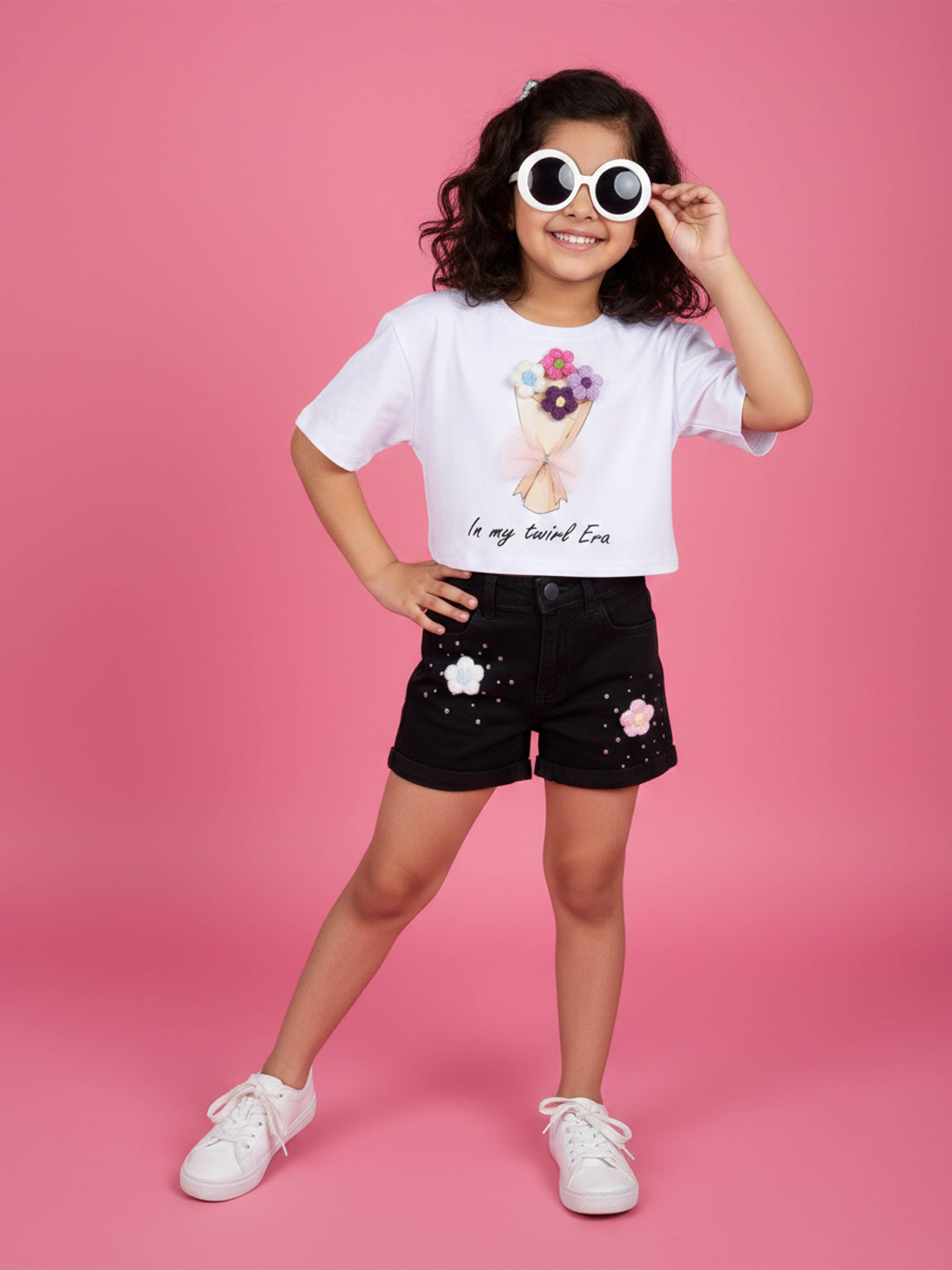 Kiddopanti Girls Cotton Chest Printed Drop Shoulder Crop T-Shirt & Rollup Denim Shorts With Bows and Rhinestones Set
