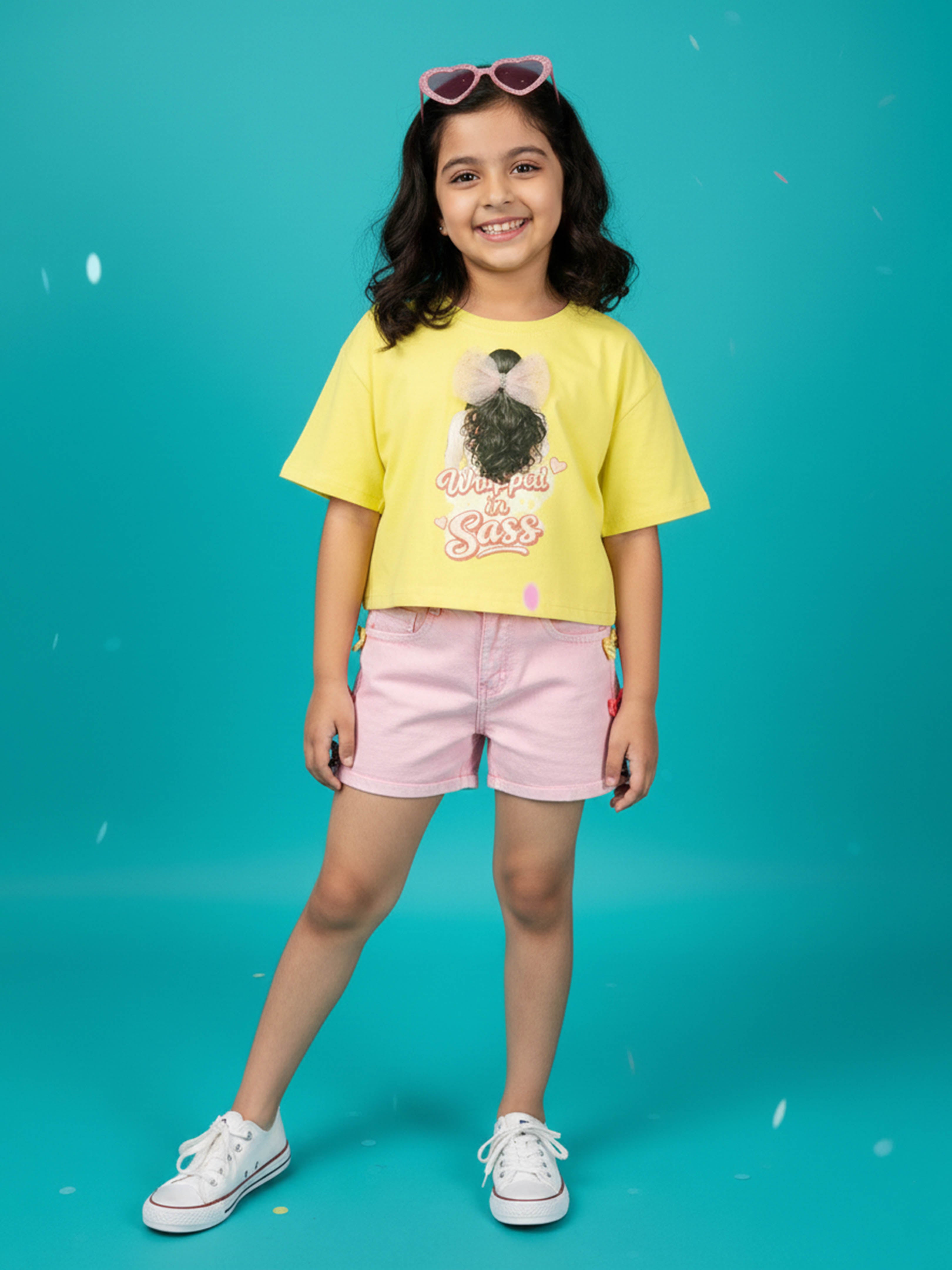 Kiddopanti Girls Cotton Chest Printed Drop Shoulder Crop T-Shirt & Rollup Denim Shorts With Bows and Rhinestones Set
