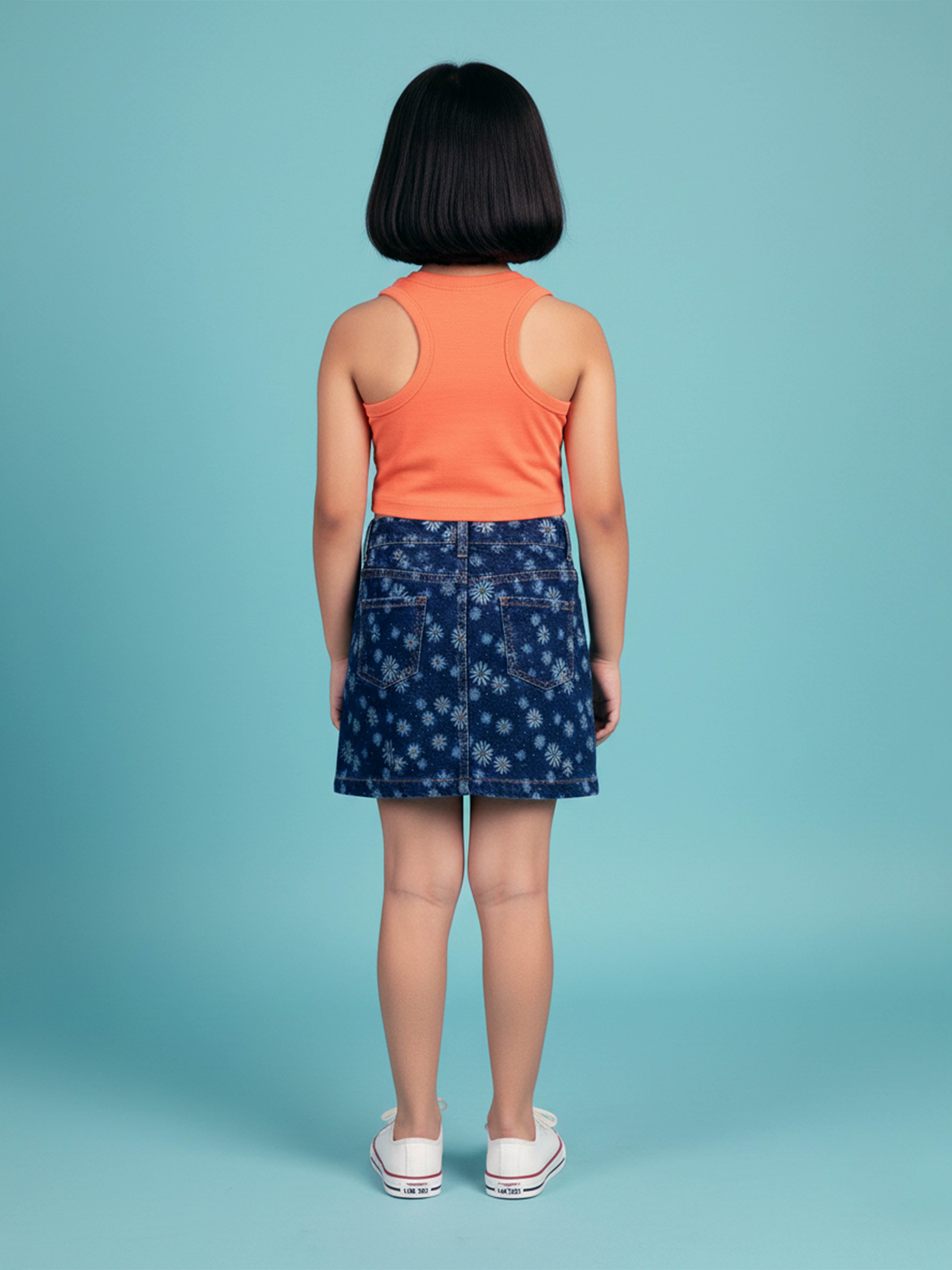 Kiddopanti Girls Cotton Spandex Sleeveless Stone Butterfly Applique Racerback Rib Crop T-Shirt With Denim Woven Skort Co-Ord set