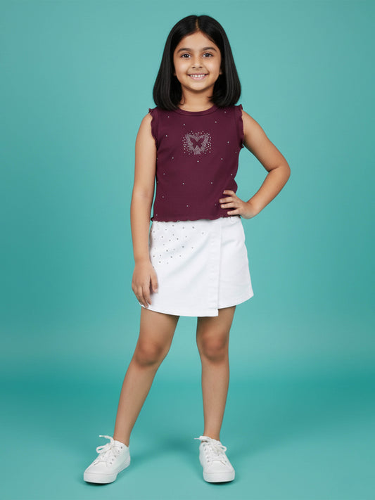 Kiddopanti Girls Rib Round Neck Sleeveless Crop T-shirt with Stone Work Applique & Skort Clothing Set