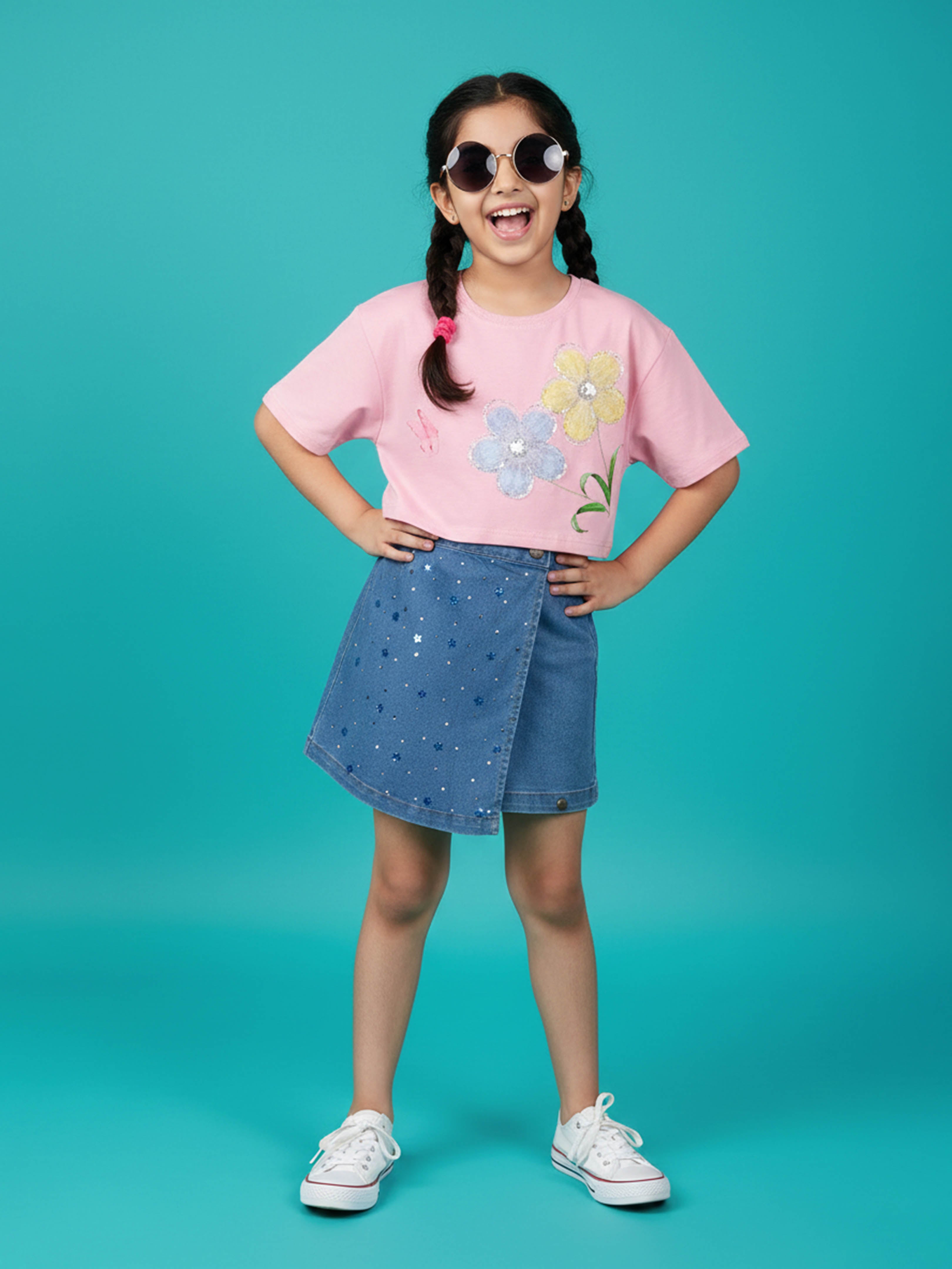 Kiddopanti Girls Cotton Chest Printed Drop Shoulder Crop T-Shirt & Over Lap Skort With Applique and Rhinestones Set