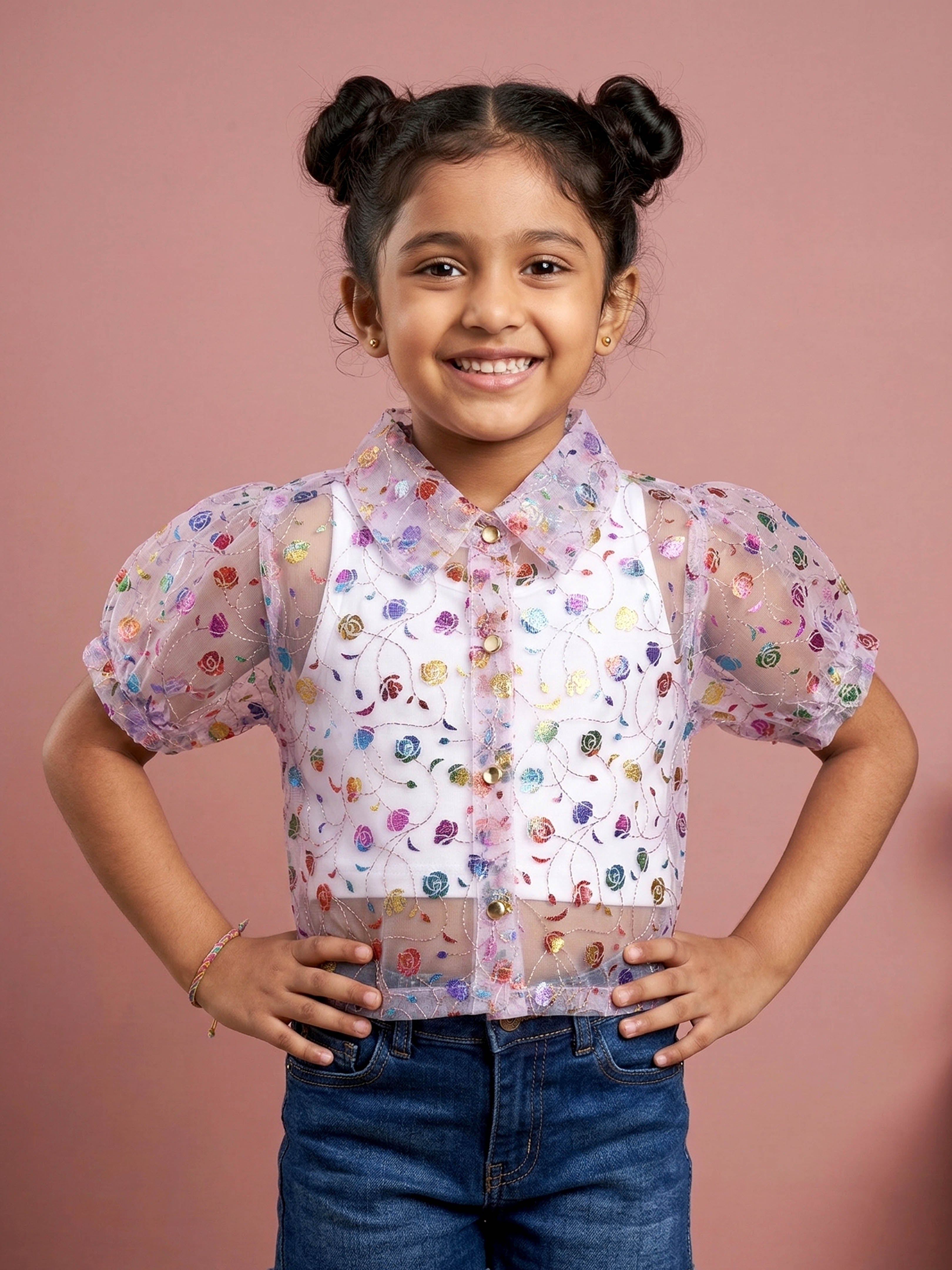 Kiddopanti Girls Cotton Spandex Sleeveless Racer Back Crop Top With Floral Foil Net Party Top Combo