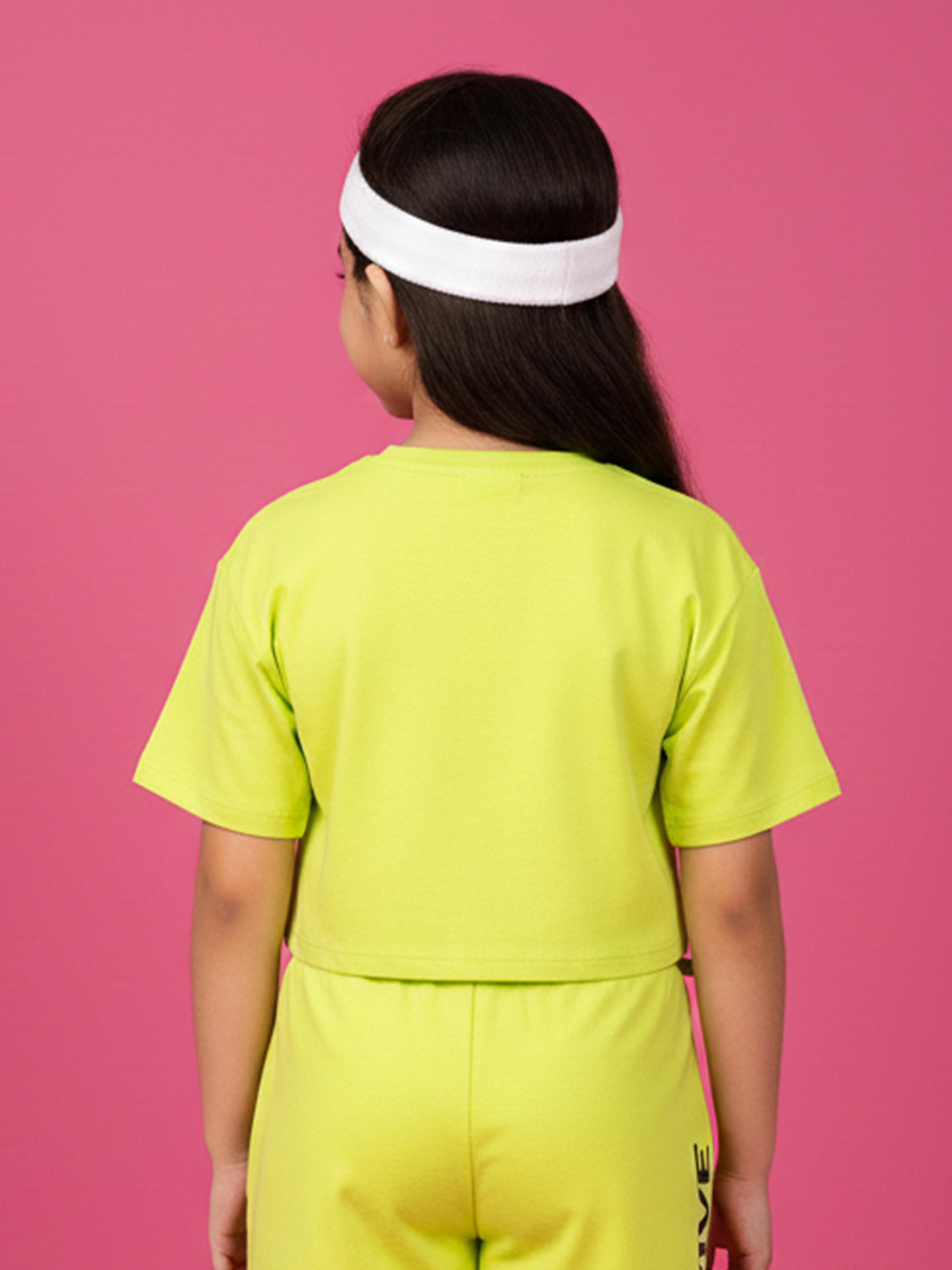 Kiddopanti Girls Cotton Knit Half Sleeves Drop Shoulder Sports Printed Crop Tee