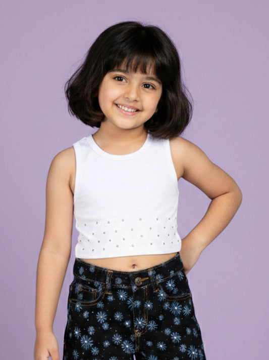 Kiddopanti Girls Cotton Spandex Sleeveless Racerback Rib Crop T-Shirt with RhineStones