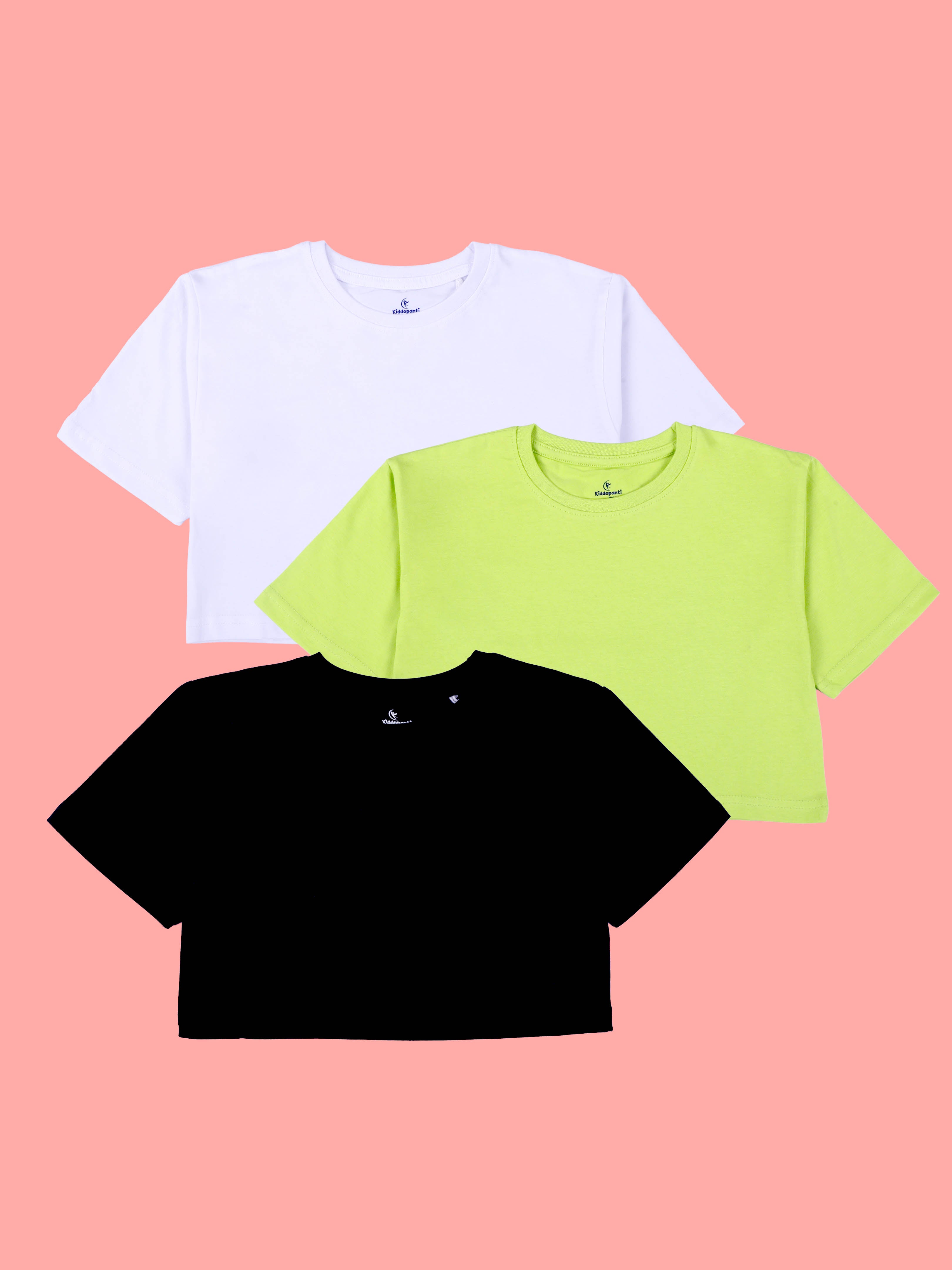 Kiddopanti Girls Cotton Solid Drop Shoulder Half Sleeve Round Neck Crop Tee Pack of 3