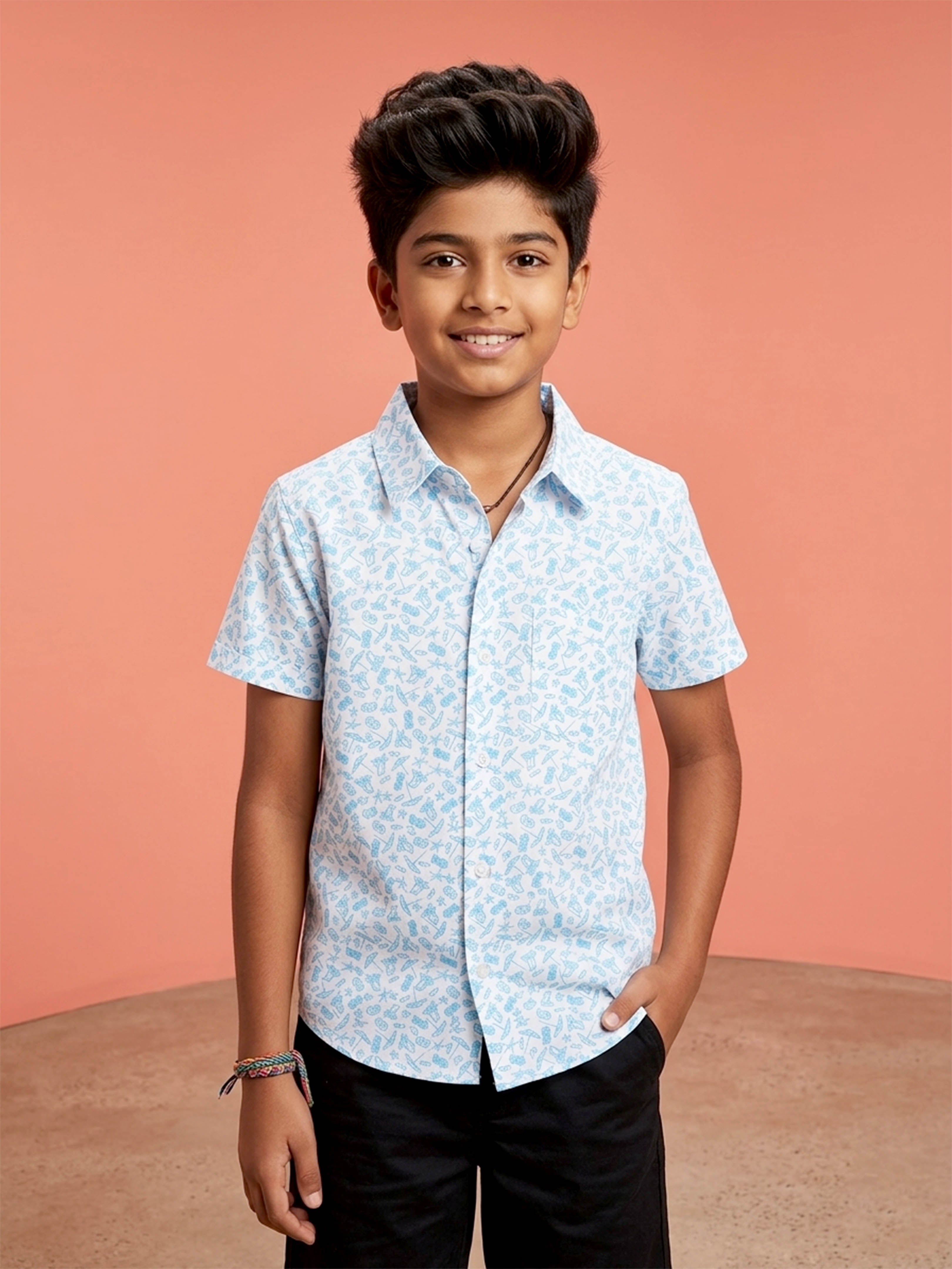 Kiddopanti Boys Cotton Woven Half Sleeves Graphic Printed Shirt