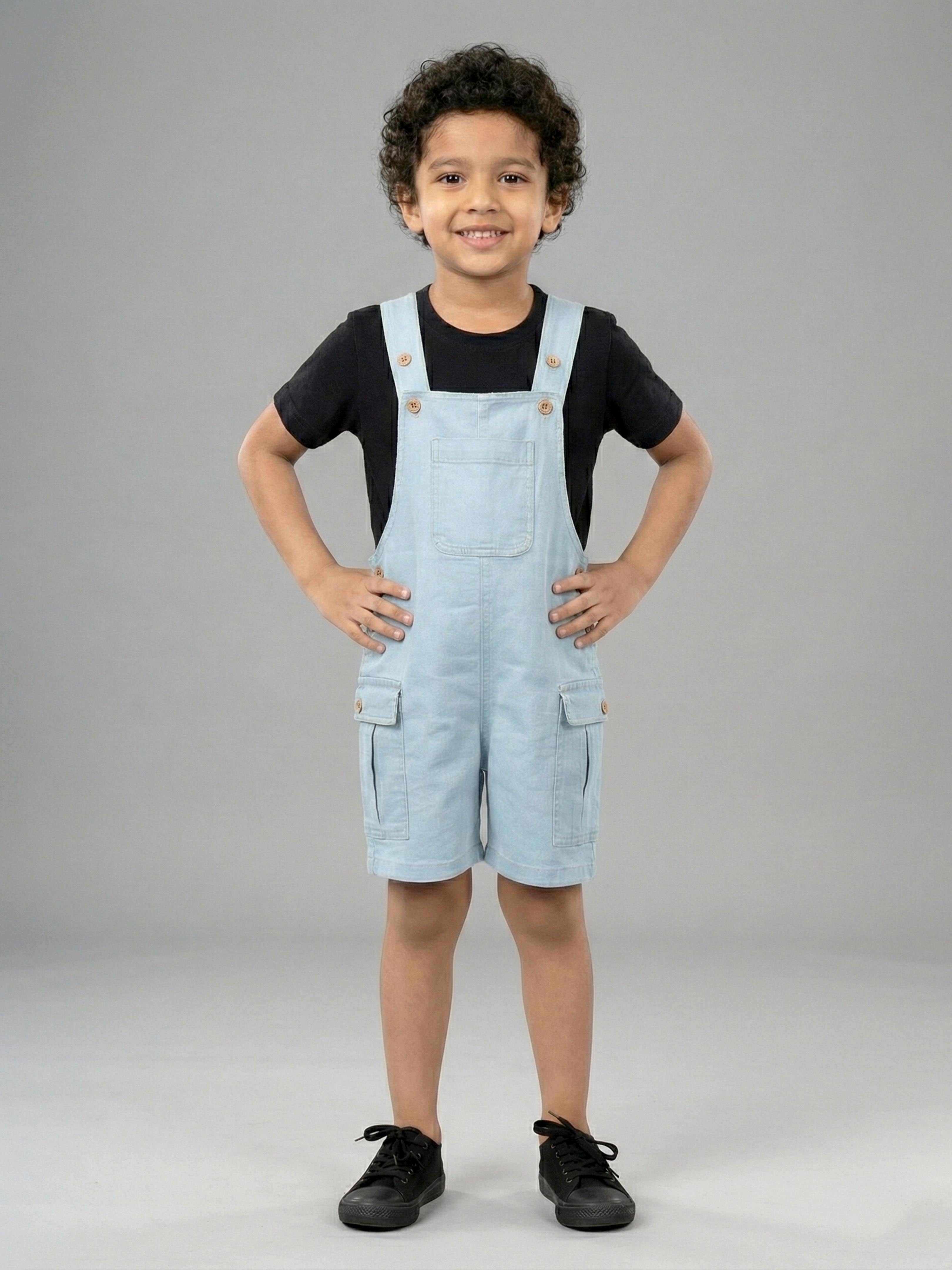 Kiddopanti Unisex Denim Solid Cargo Dungaree Shorts