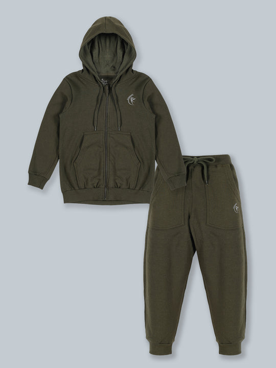 Fleece Solid Zip Front Open Hooded Sweatshirt  & Track Pant Set