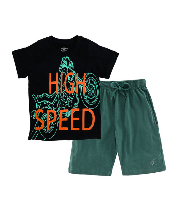 Boys Cotton T-shirt with Print and Knee length Shorts Set