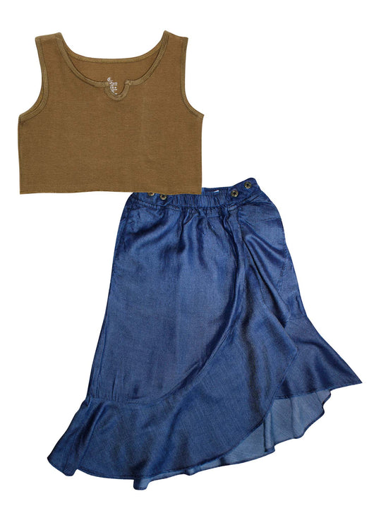 Girls Rib Crop Tank Top & Asymmetrical Ruffle Denim Skirt Set
