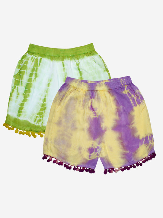 Girls Tie & Dye Shorts with Pom-Pom- Pack of 2