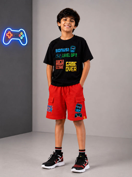 Kiddopanti Boys Cotton Printed Drop Shoulder Round Neck T-Shirt & Cargo Shorts With Badges and Prints Set