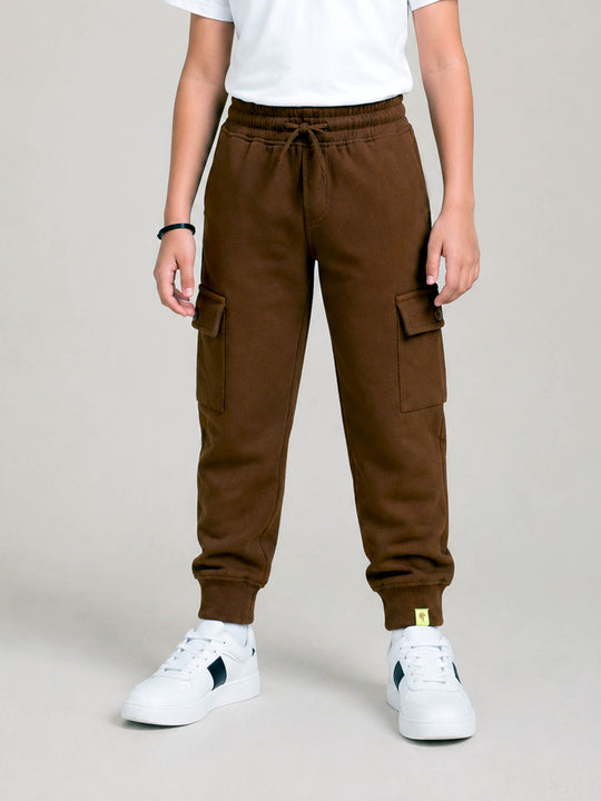 Kiddopanti Boys Cotton Fleece Solid Joggers Cargo Pocket Track Pants with Ribbed Cuffs