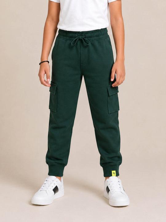 Kiddopanti Boys Cotton Fleece Solid Joggers Cargo Pocket Track Pants with Ribbed Cuffs