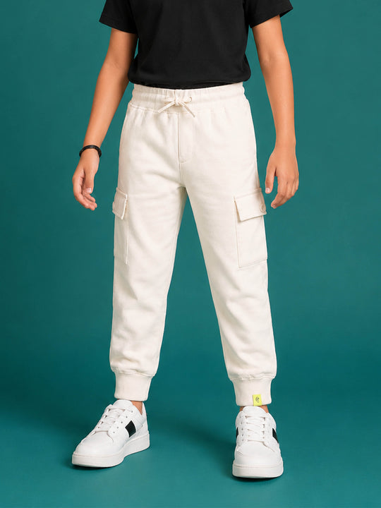 Kiddopanti Boys Cotton Fleece Solid Joggers Cargo Pocket Track Pants with Ribbed Cuffs