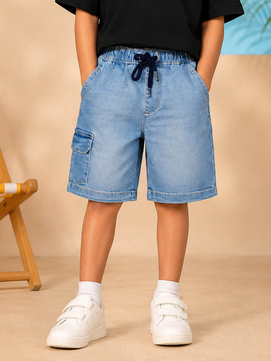 Kiddopanti Boys Denim Woven Solid Cargo Shorts