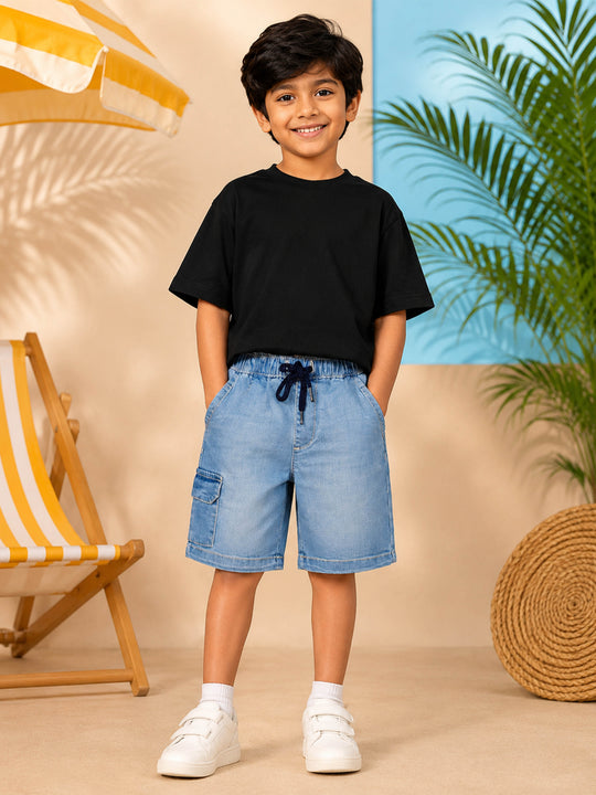 Kiddopanti Boys Denim Woven Solid Cargo Shorts