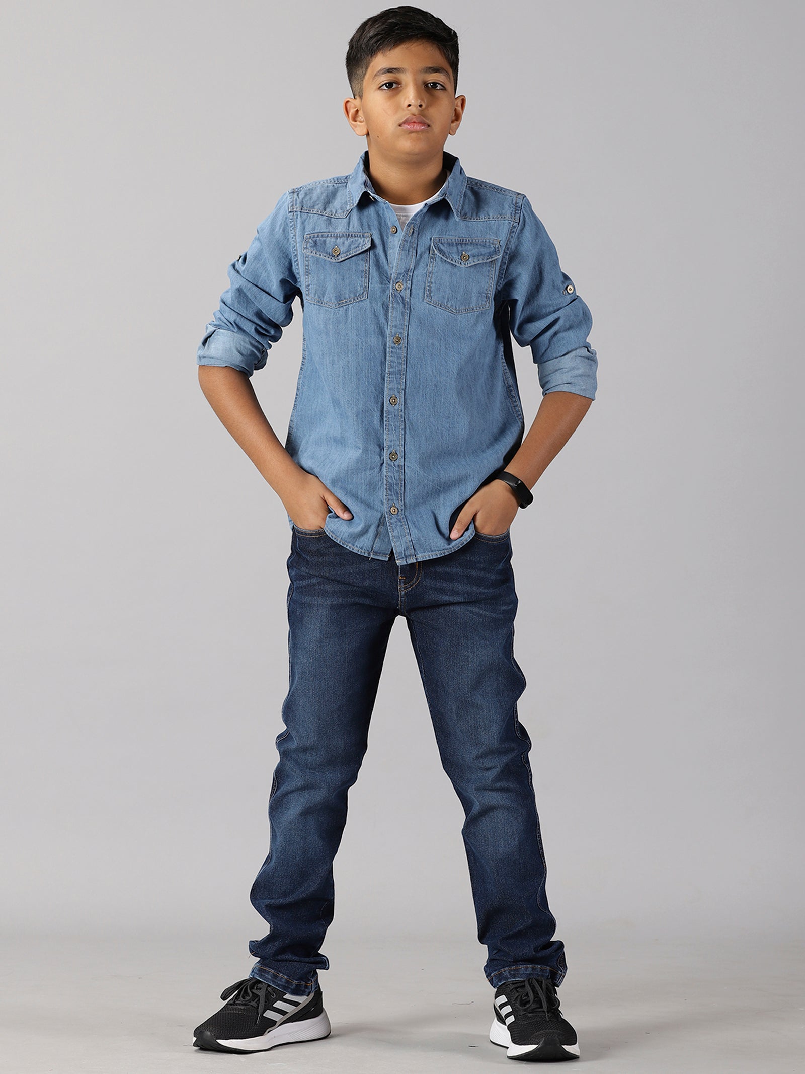 Boys Double Pocket Denim Shirt Denim Pant Set - Main Image