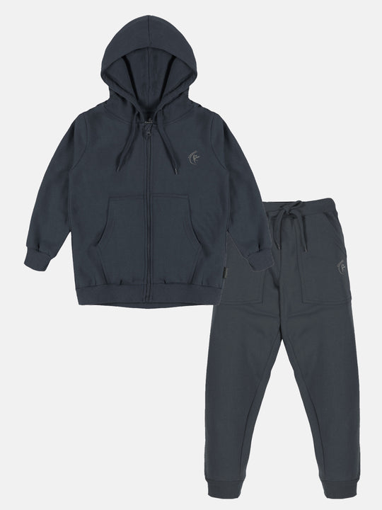 Solid Full Sleeve Zip Front Open Hooded Sweatshirt  & Fleece Track Pant Set