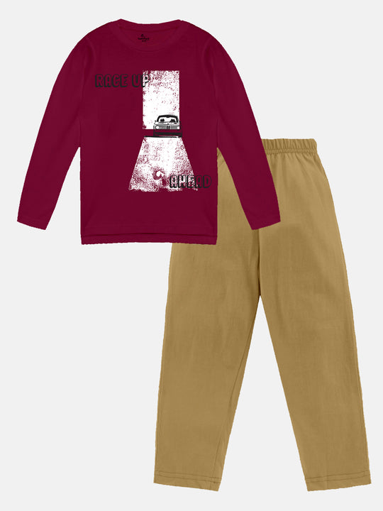 Boys Printed Full Sleeve Round Neck Tee & Pyjama Pant Set