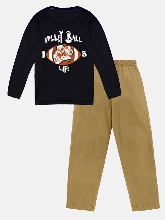 Boys Printed Full Sleeve Round Neck Tee & Pyjama Pant Set