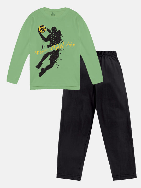 Boys Printed Full Sleeve Round Neck Tee & Pyjama Pant Set