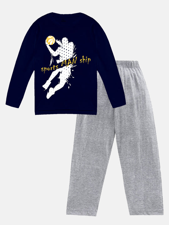 Boys Printed Full Sleeve Round Neck Tee & Pyjama Pant Set