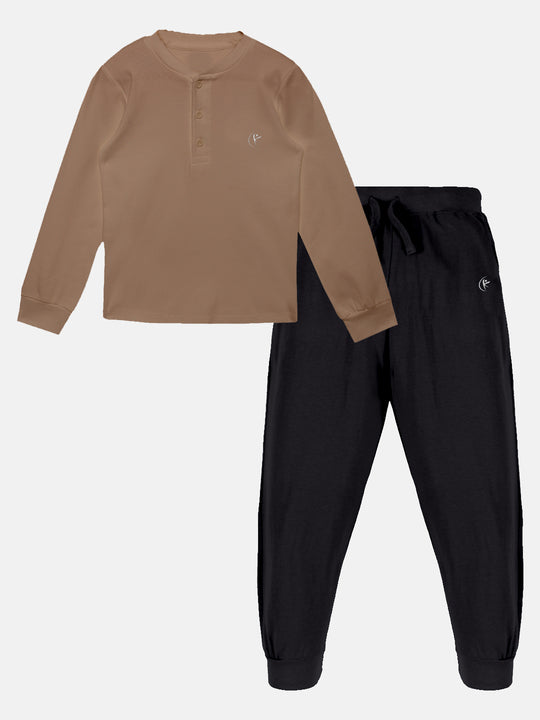 Solid Full Sleeve Henley Neck Rib Tee & Solid Track Pant Set