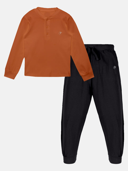 Solid Full Sleeve Henley Neck Rib Tee & Solid Track Pant Set