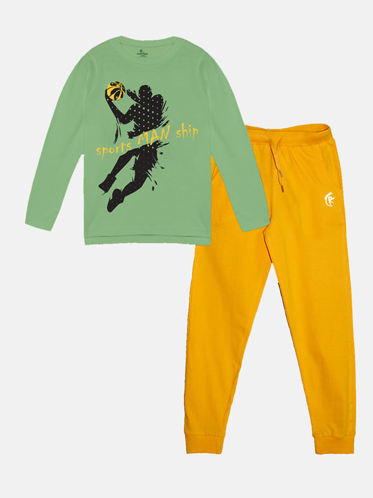 Boys Printed Full Sleeve Round Neck Tee & Solid Track Pant Set