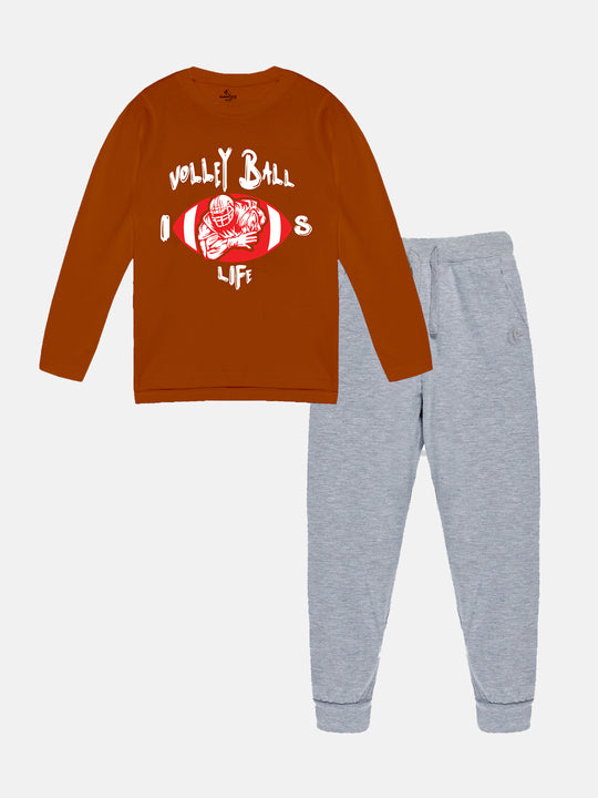 Boys Printed Full Sleeve Round Neck Tee & Solid Track Pant Set